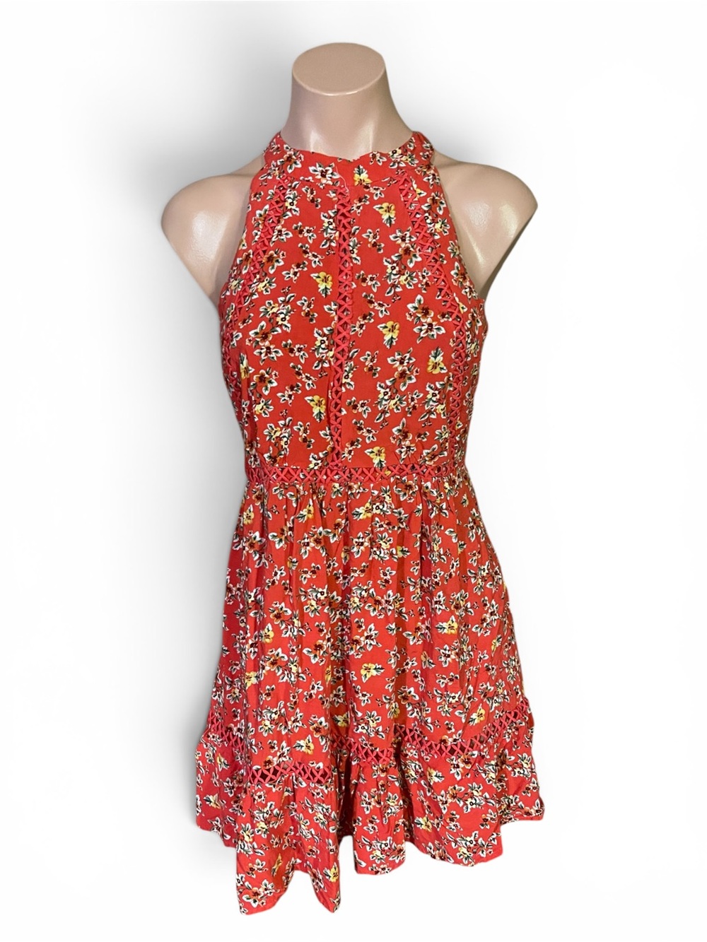 Sunday Mi Amor Dress Womens XS Floral Halter Backless Boho Crochet Sundress